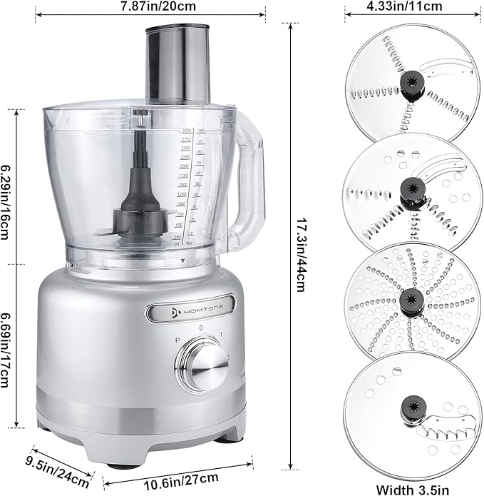 Homtone Large Food Processor 16-Cup 9-IN-1 Food Processing for Home Meal Prep, 3-Speed, 7 Blades for Shredding, Slicing, Chopping, Kneading, Emulsifying, French Fry Disc, Dishwasher Safe, Silver