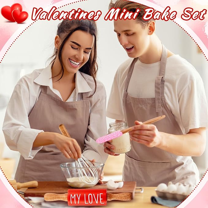Fuutreo Valentines Holiday Mini Bake Set with Mini Spatula, Whisk and Rolling Pin, Sweetheart Pattern, Heat Resistant, Valentine Sweet Gift Bake Set for Baking Cooking Sauteing Mixing Serving Stirring