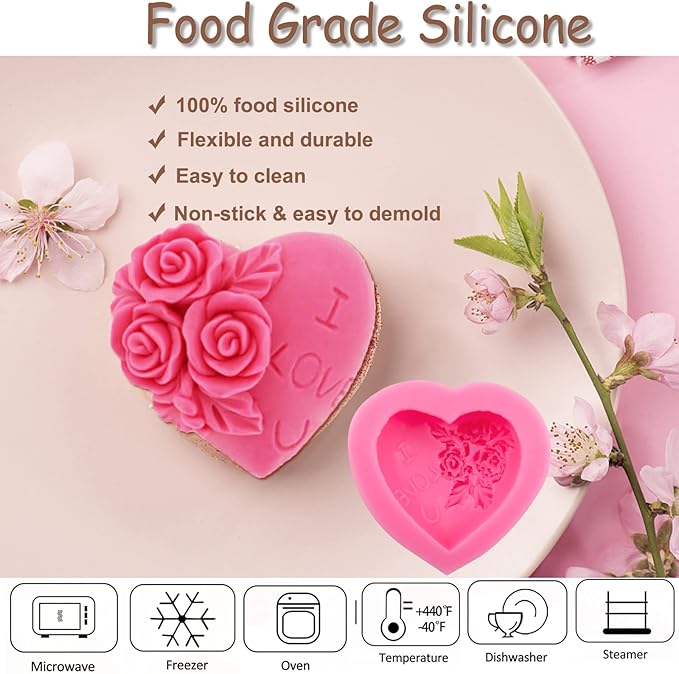 4 Pcs 3D Rose Flower Silicone Molds Mother's Day Fondant Mold Wedding Fondant Cake Molds Heart Candy Silicone Molds Chocolate Mould for Cake Topper Polymer Clay Soap Wax Making Party Supplies