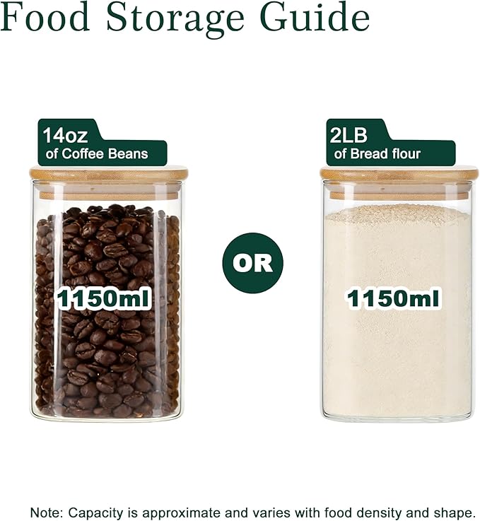 LIBWYS Kitchen Glass Jars Set with Bamboo Lids for Storage (1pcs - 1.22Qt) - Stackable Square Food Jars for Pantry Organization, Coffee, Flour, Snacks, Tea | Kitchen Canisters Set