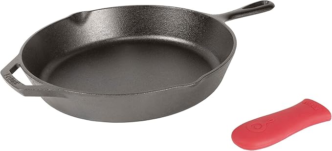 Lodge Pre-Seasoned Cast Iron Skillet with Assist Handle Holder, 12", Red Silicone & Tempered Glass Lid (12 Inch) – Fits 12 Inch Cast Iron Skillets and 7 Quart Dutch Ovens