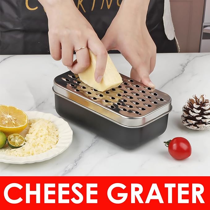Cheese Grater Citrus Lemon Zester with Food Storage Container & Lid - Perfect For Hard Parmesan Or Soft Cheddar Cheeses, Ginger, Vegetables, Butter, Chocolate & Nutmeg, Black