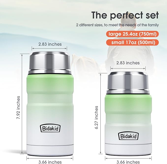 Insulated Food Jar Set – 25.4oz & 17oz Stainless Steel Containers with Folding Spoon and Carrying Bags – Leak-Proof, Keeps Food Hot or Cold for up to 12 Hours – Ideal for Work, School, Travel
