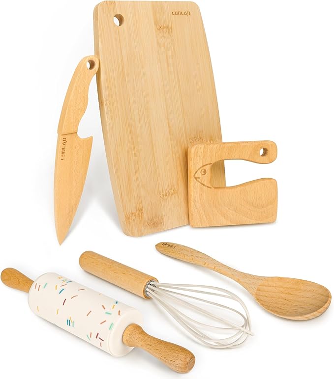 LUOLAO Wooden Kids Safe Knife and Kids Baking Set for Real Cooking, 6 PCS Toddler Montessori Kitchen Tools, Cooking and Baking for Little Chefs