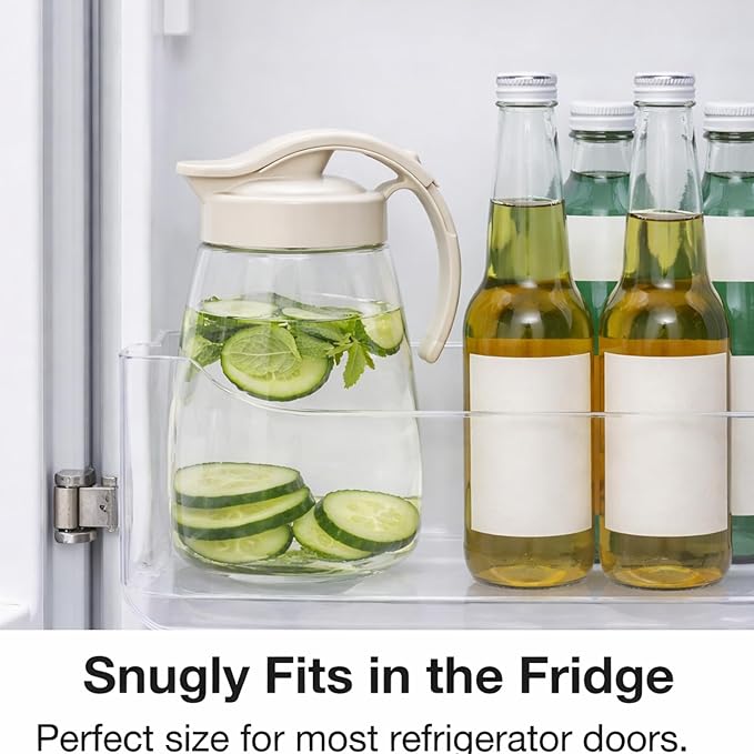 Compact Airtight Water Pitcher – 45oz (1.4QT) Personal Size Fridge Door Jug, Leakproof for Hot & Cold Drinks, Slim Space-Saving Design, Easy Pour, Dishwasher Safe, Made in Japan