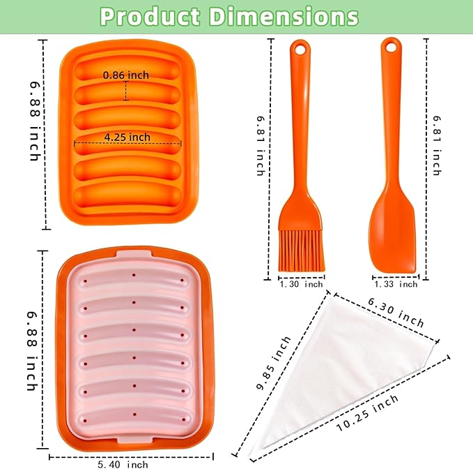 Silicone Sausage Mold 2 Pcs with a Set of Silicone Brush Spatula and 25x Pastry Bags, Non-Stick Hot Dog Bun Pan, DIY Handmade Ham Sausage, Hot Dogs Baking Mold for Children's Food with Lid, Orange