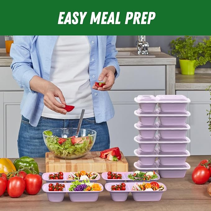 Dealusy 50 Pack (100-Piece) 28 oz Meal Prep Containers Reusable with Lids 2-Compartment, Sturdy Leakproof Food Safe, Microwave Freezer Dishwasher Safe, To Go Take Out Plastic Food Storage, Lilac