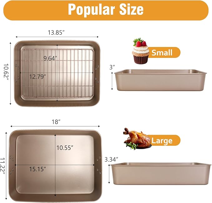 Roasting Pans with Handles, Bakeware Nonstick Steel Roaster with Flat Rack, Lasagna Pan 3 Inch Deep Baking Pan for Oven, Rectangle Cake Pans, Heavy Duty, Dishwasher Safe, 2 Pcs 13.7"16", Gold