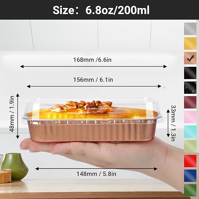 EUSOAR Disposable Aluminum Ramekins, 25pcs 6.8oz 6.5"x2.5"x1.2" Foil Mini Loaf Pans with Lids，Cupcake Baking Cups Containers Wrappers, Dessert Cheesecake Creme Brulee Ramekins Pan-Rose Gold