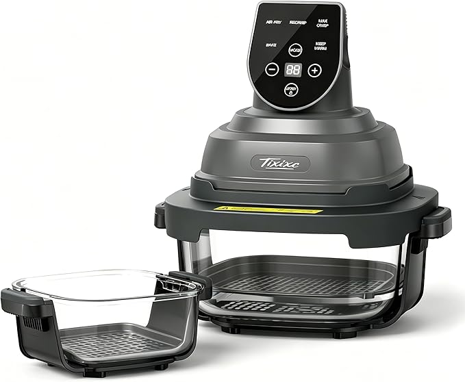 5-in-1 Glass Air Fryer for Healthy Oil-Free Cooking, Portable 1500W Countertop Cooker with 4QT & 6-Cup Glass Bowl, Non-Toxic Design & Dishwasher Safe for Single & Family Meals