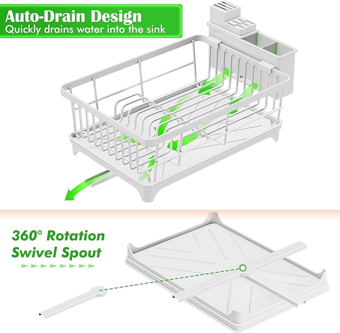 Kmiectse Dish Drying Rack - Space-Saving Small Dish Rack for Kitchen Counter, Rust-Resistant Kitchen Drying Rack, Compact Dish Drainer Organizer with Utensil Holder for Home Kitchen, White