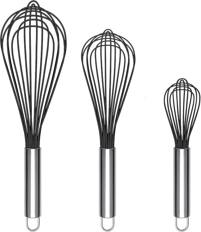 TEEVEA Silicone Whisk Set of 3 Non Scratch Non Stick Silicone Coated Stainless Steel Wire Whisks Heat Resistant 480°F Kitchen Wisk for Cooking Blending Whisking Tool Black