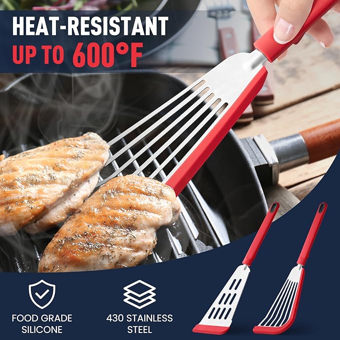 Silicone Fish Spatula Turner Set of 2,2-in-1 Heat Resistant Silicone Slotted Fish Spatulas for Nonstick Cookware,Flexible Thin Stainless Steel Slotted Fish Turner Spatula Flipper for Fish,Egg,Pancake