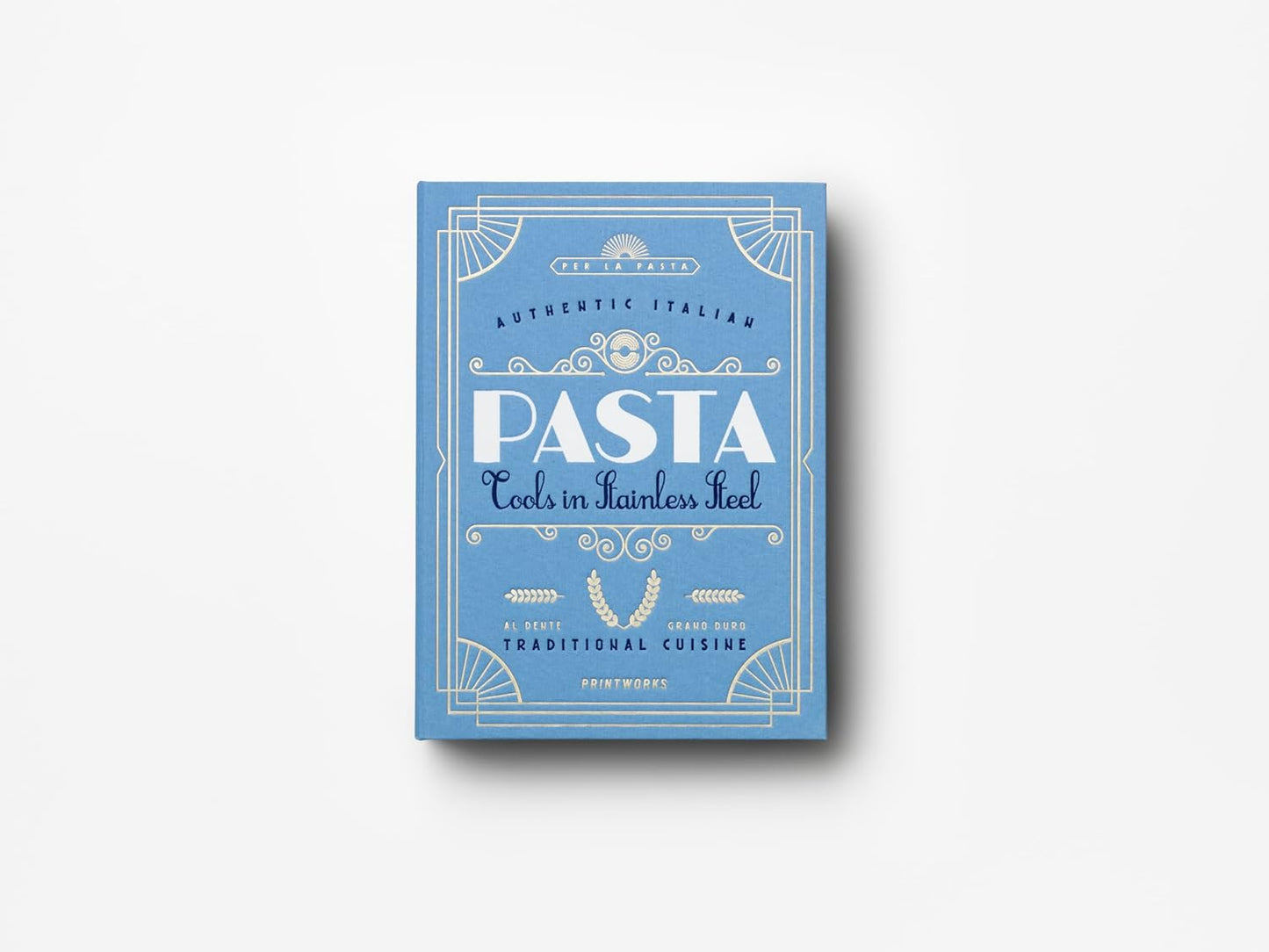 Printworks The Essentials, Pasta Tools – Pasta Kit with Spaghetti Tong, Spaghetti Measurer & Grater in Bright Blue Book-Style Case
