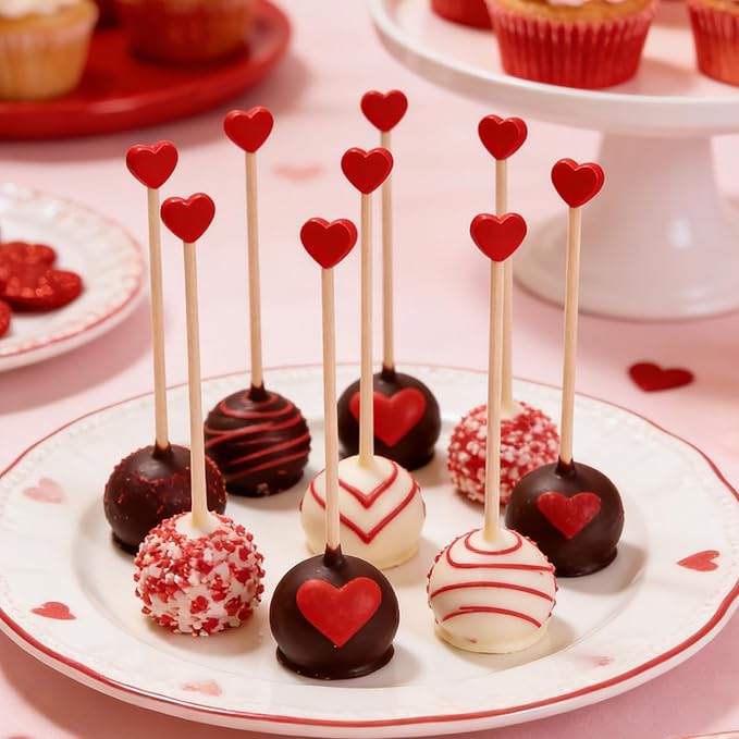 100 Pcs 6 Inch Red Heart Shaped Valentine's Day Wooden Swizzle Sticks, Cocktail & Coffee Drink Stirrers, Rock Candy Sticks, Cake Pop Sticks, Lollipop Sticks for Anniversary, Wedding Party