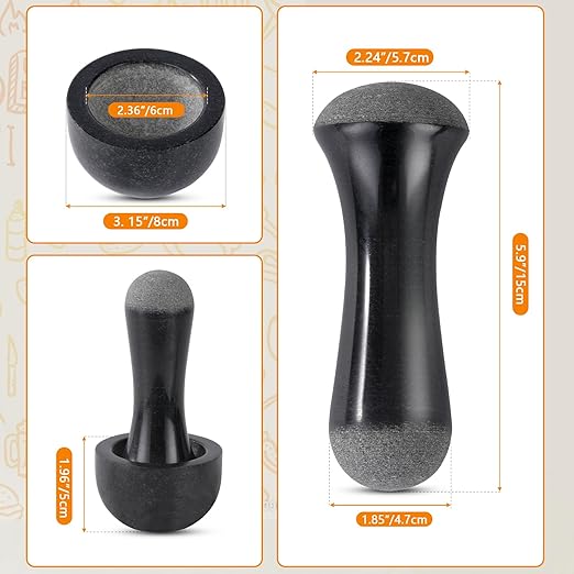 Tianman Small Mortar and Pestle Set 3.2 Inch.1/3 Cup.Mini Marble Grinder with Brush for Pills Herbs Spices,Easy to Grip.Efficient Grinding.Universal Dual Head Grinding Pestle.(Granite Black Polished)