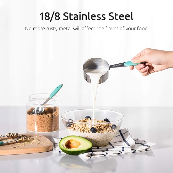 U-Taste 10 Piece Measuring Cups and Spoons Set in 18/8 Stainless Steel, and 18/8 Stainless Steel 5.5 inch 30 Mesh Strainer (Aqua Sky)