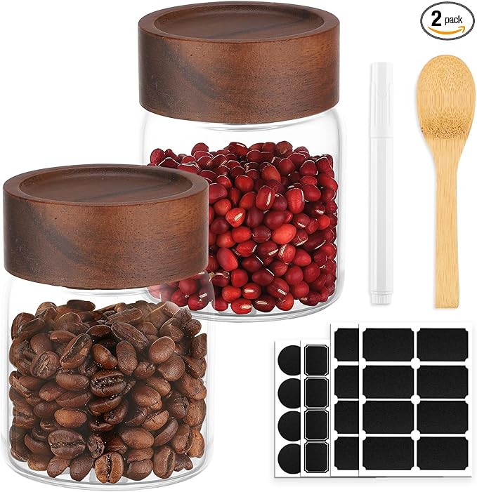5oz Glass Jars with Wood Lids, 2 Pack 160ml Clear Glass Mason Jars with Airtight Wooden Lids, Screw Top Coffee Canister, Kitchen Pantry Storage Containers for Sugar, Spice, Tea, Candy, Nuts