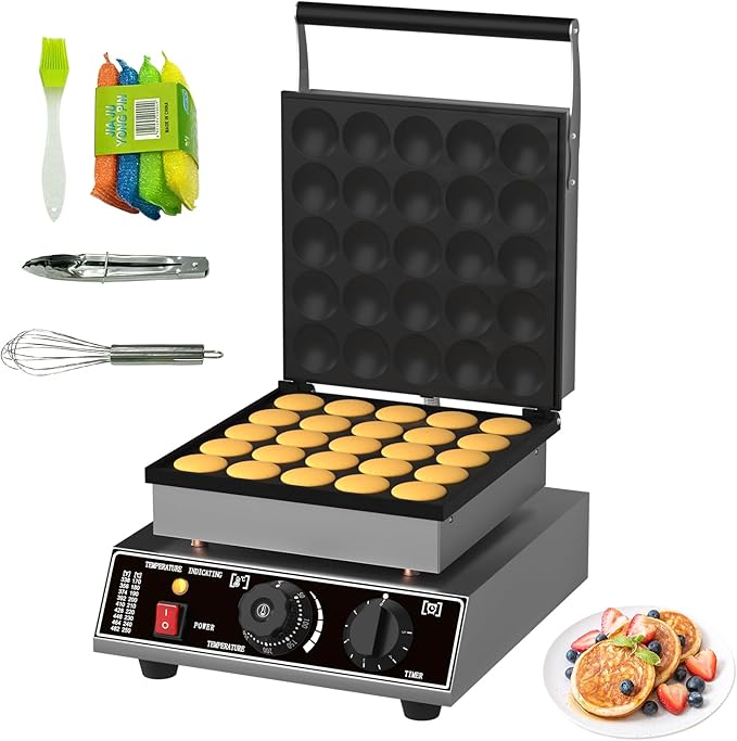 Commercial 25 PCS Mini Dutch Pancake Maker, 1750W Electric Mini Pancakes Maker Machine with Temp & Time Control, Non-Stick Surface, Stainless Steel, for Home Kitchen Bakery Snack Bar