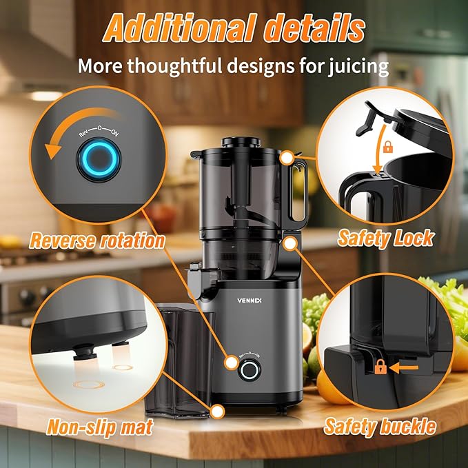 VENNXE Masticating Juicer Machines, 5.7" Extra Large Feed Chute Cold Pressed Juicer, Easy to Clean Slow Juicers, High Yield Electric Juice Extractor for Vegetable and Fruits, 50oz Capacity Juice Maker