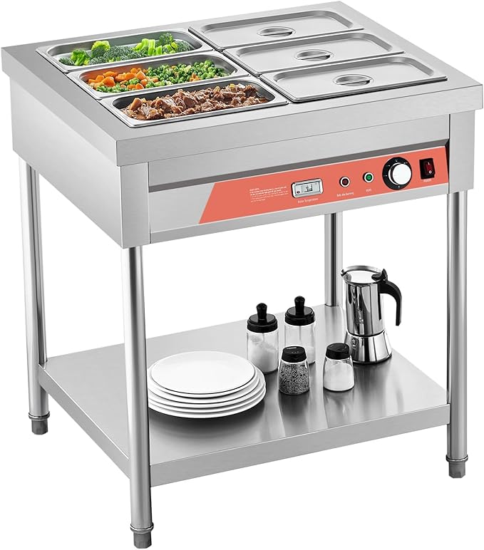 Happybuy 6-Pan Commercial Food Warmer, 1500W Electric Steam Table with Undershelf, Stainless Steel Buffet Server for Restaurants, Parties, and Hotels