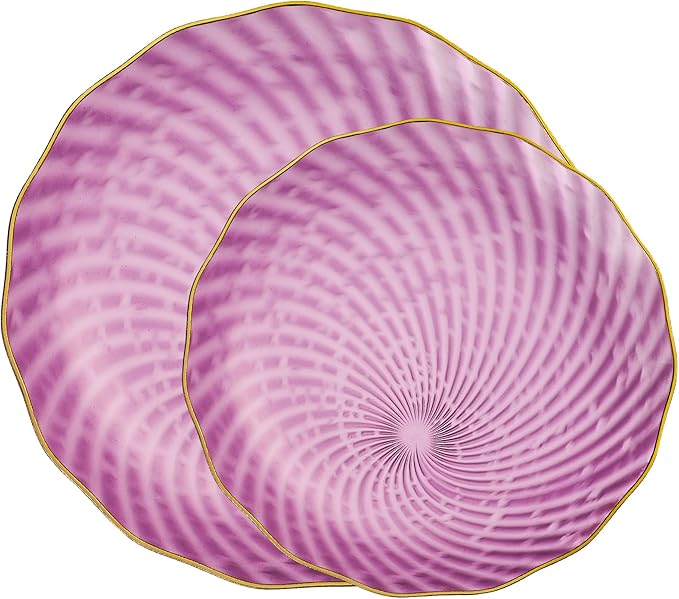 PLASTICPRO 30 Pack Plastic Set of 15-10 inch Plates and 15-7 inch Dishes Elegant Clear Purple Spiral and Gold Rim Disposable Fancy Plates Premium Heavyweight