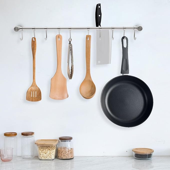 Kitchen Hanging Racks 304 Stainless Steel 20 Inch Rail Utensil Storage Hanger with 10 Pcs Noiseless Sliding Hooks, Wall Mounted Rod Holder for Pots Pan Spatula Spoon Cookware Mug Cup (Silver)