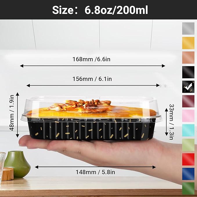 EUSOAR Disposable Mini Loaf Pans with Lids, 100pcs 6.8oz 6.5"x2.5"x1.2" Aluminum Foil Tin Baking Cups, Cupcake Dessert Cups Cheesecake Creme Brulee Ramekins Pan for Wedding Shower