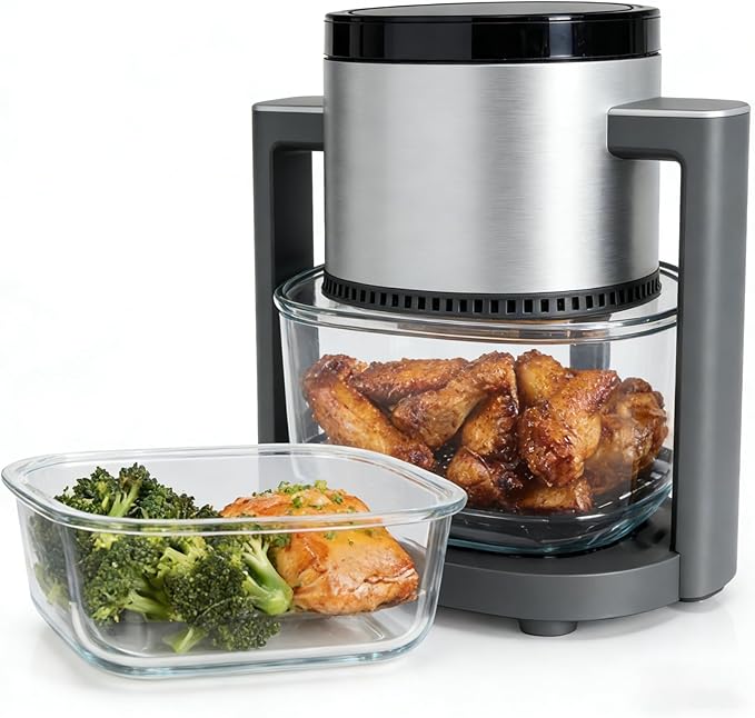 Simple Deluxe 4.7 Qt Glass Air Fryer, Non-Toxic 10-in-1 Digital Air Fryer with 360° Visible Glass Bowl, Nonstick & Dishwasher-Safe, Air Fry, Roast, Bake, Dehydrate, Fries, 1300W, Silver