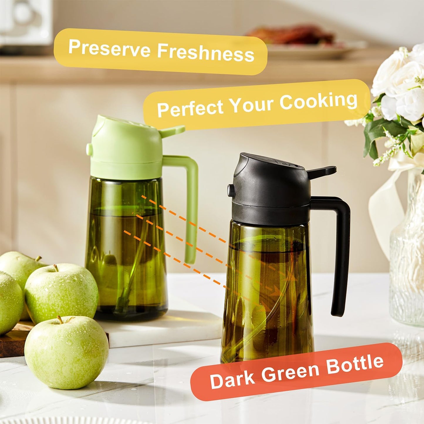 CXINYI - 16oz/470ml Olive Oil Dispenser for Kitchen with Stickers - 2 in 1 Olive Oil Sprayer for Cooking, Air Fryer, and Salad, Black&Green (Light-Proof Kitchen Gadget)