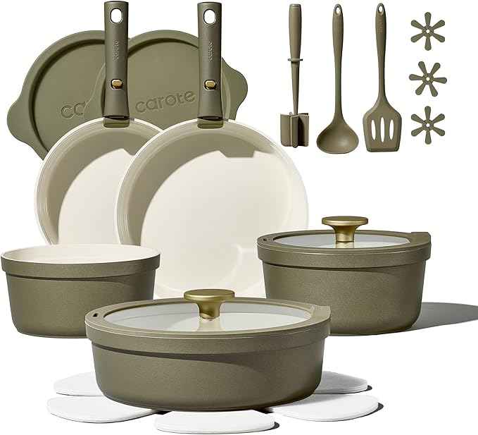 Carote 21pcs Ceramic Cookware Set with Detachable Handles, Pots and Pans Set Non Stick, RV Kitchen Cooking Pot and Pan, Dishwasher Safe, Non-toxic Induction Cookware PFAS and PFOA Free, Olive Green