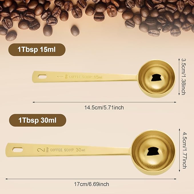 4 Pcs Coffee Scoop, Gold Stainless Steel Coffee Spoons Set, 2 Pack 1 tablespoon (15ml) and 2Pack 1 tablespoons (30ml) Spoon, Gold Tablespoon Measure Spoon for Coffee, Milk Powder, Fruit Powder