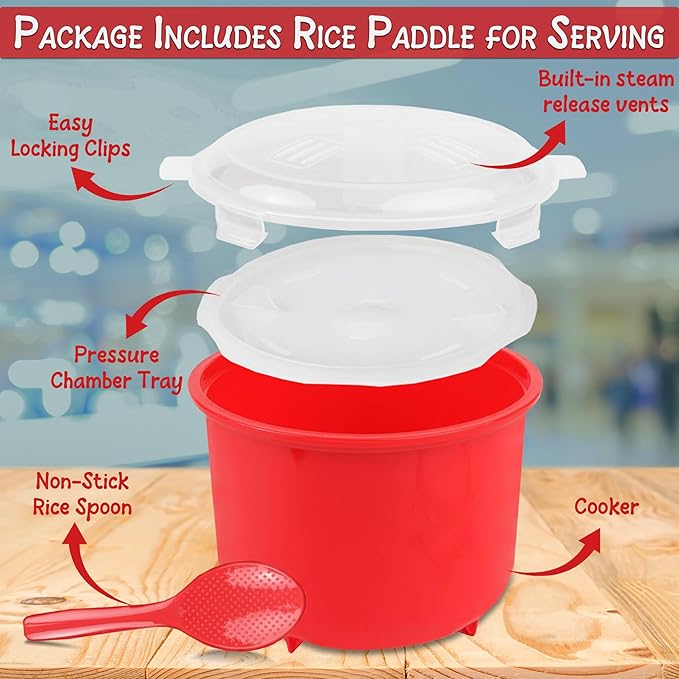 Home-X Microwave Rice Cooker - Rice Steamer Cooker with Steam Release Vents and Easy Locking Clips - 10 Cups BPA-Free, Dishwasher Safe, Easy-To-Use, Low Mess Microwave Rice Cooker Vegetable Steamer