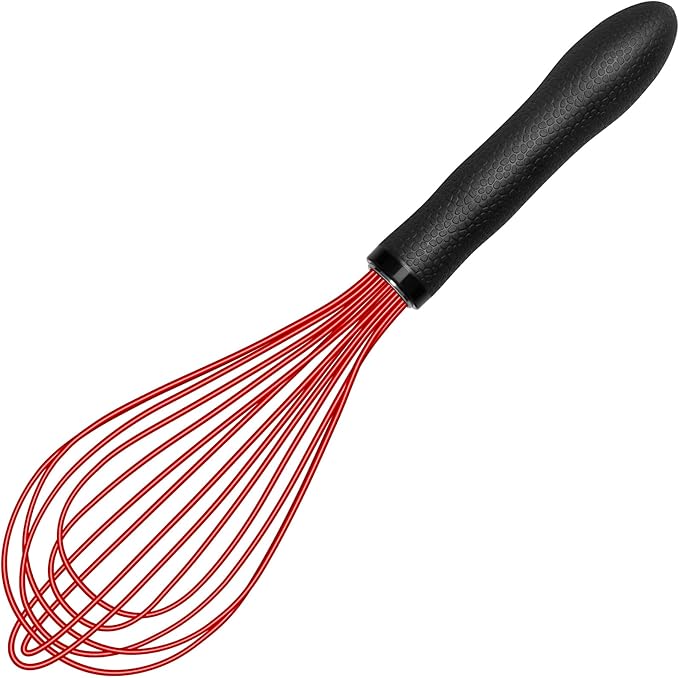 TEEVEA Silicone Whisk Non Scratch Wisking Tool, Metal Wire Stainless Steel Whisk - Small Mini Heat Resistant - Black & Red, 11-Inch
