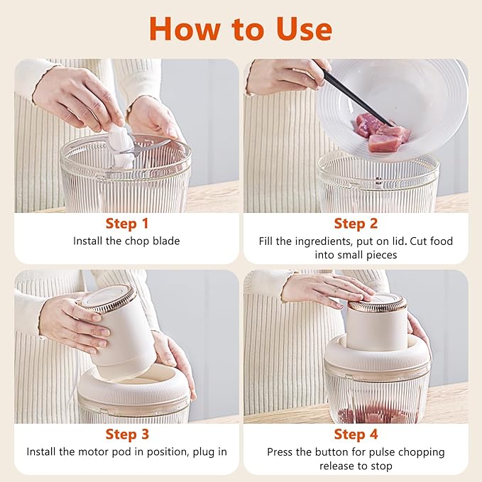 Kawu Electric Food Processor, Electric Meat Grinder & Vegetable Chopper with 2 Bowls, 200W Mini Food Processors with Stainless Steel Blades, Garlic Grinders for Onion, Fruit for Home and Kitchen