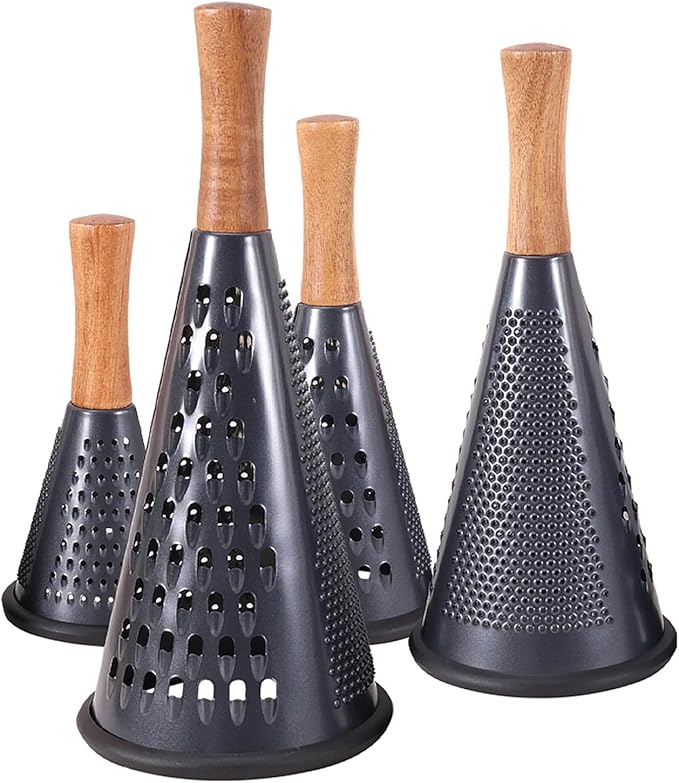 Cone Cheese Grater with Handle Stainless Steel Grater Triple Function Wood Handle Shredder Non-Slip Rubber Bottom Hand Held Multifunction Vegetables Grater Black 4-Size (Size M: 9.4" X 4.3" Black)