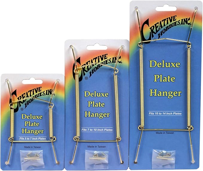 Creative Hobbies Deluxe Plate Display Hangers - 3 Different Sizes Assortment - Assembled & Ready to Use - Hang 5 to 14 Inch Plates - Gold Wire Spring Type, Hanger Hooks & Nails Included | Pack of 3