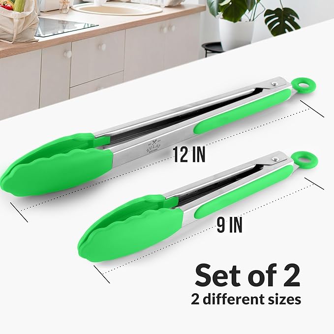 Zulay Stainless Steel Kitchen Tongs with Silicone Tips - Set of 2 (9” & 12”) Locking Cooking Tongs with Non-Slip Grip - Heat Resistant, BBQ Food Tongs for Non-Stick Cooking Pans (Silver/Light Green)