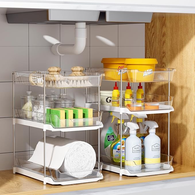 Delamu 2 Sets of 3-Tier Bathroom Under Sink Organizers and Storage, Multi-Purpose Stackable Pantry Organization and Storage, Pull Out Clear Kitchen Bathroom Cabinet Organizer with Movable Dividers | Storage, Multi-Purpose, Stackable, Pantry Organizatio...