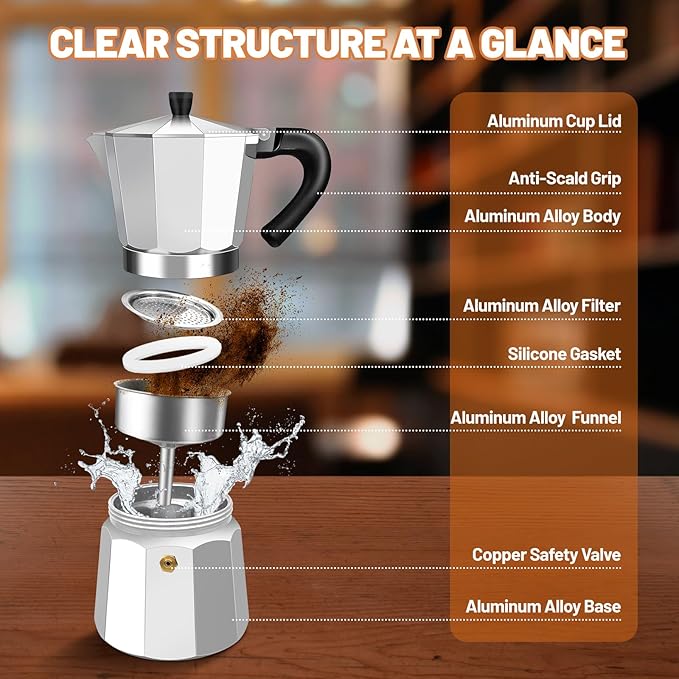 2 Cup Aluminum Espresso Stovetop Moka Pot Express Coffee Maker Percolator Italian Classic Mocha Coffee Machine for Italian and Cuban Cafe Brewing for Home & Camping 100ml 3.3oz