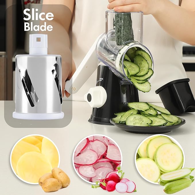 Cheese Grater Hand Crank, Rotary Vegetable Shredder with Handle and Strong Suction base, 3 in 1 Kitchen Speed Spin Veggie Slicer Nut Grinder for Pizza Top, Hash brown, Salad and More (Black)