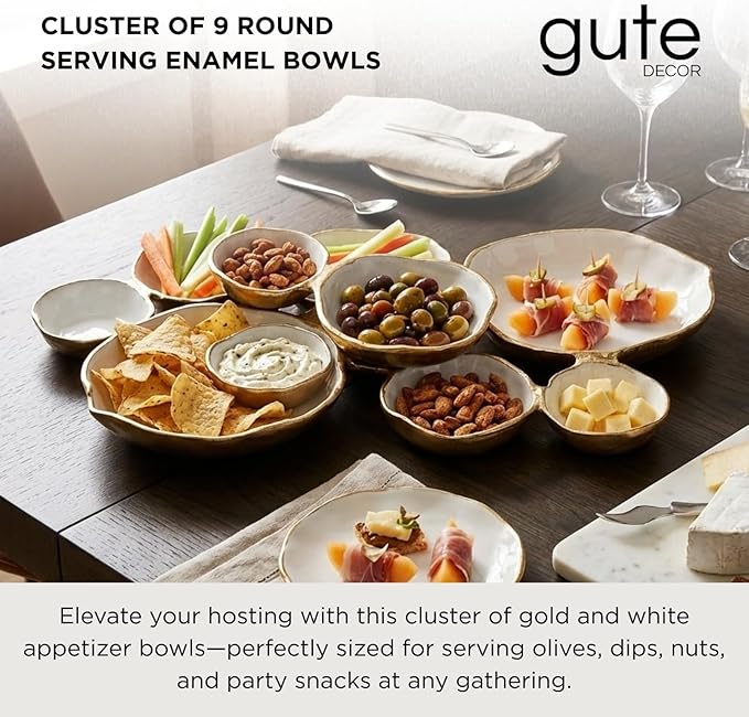 Cluster of 9 Round Serving Bowls Enamel Clusters Decorative Elegant Snack Tray for Olives, Chip & Dip, Nuts, Appetizers & Entertaining Strong Brass & Enamel Home Decor Gifts, Parties & Weddings 22"
