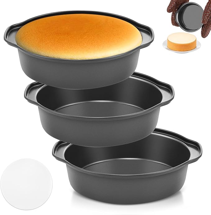 6 Inch Cake Pans - 3PCS Carbon Steel Cake Pan with 200 Parchment Papers, Round Cake Pans with Handle, Nonstick & Non-Toxic, Easy Demolding & Dishwasher Safe