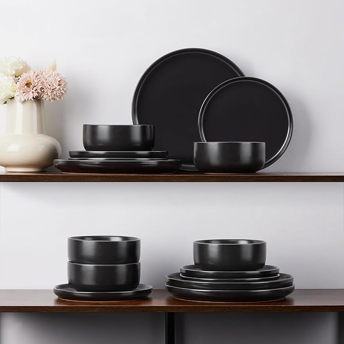 E-far Stoneware Dinnerware Sets for 6, 18-Piece Plates and Bowls Set, Modern Ceramic Dishes Dinning Ware, Microwave & Dishwasher Safe - Matte Black