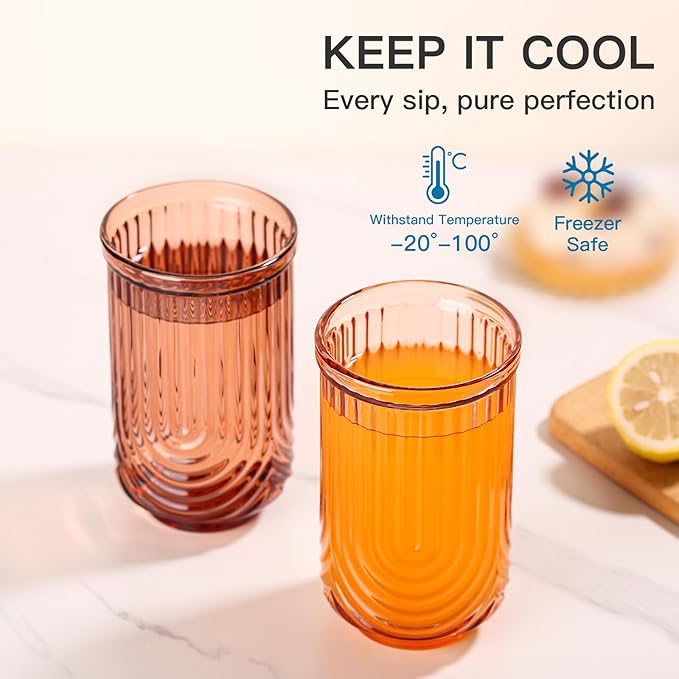 JOVGANK Amber Vintage Glassware Set of 6-17Oz Brown Water Drinking Glass, Art Deco Ripple Highball Glass, Whiskey Cocktail Glasses, for Bar Ice Coffee Juice, Housewarming Gifts and Mother's Day Gift