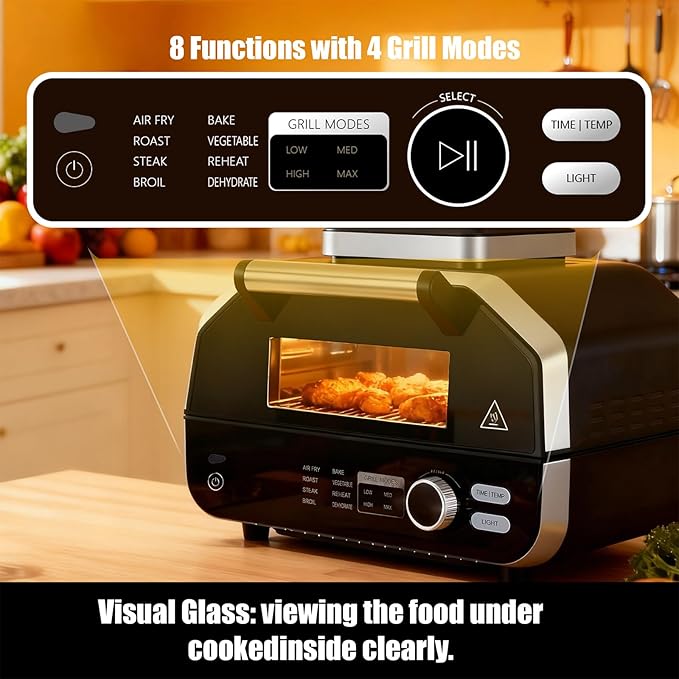 NEWBULIG Electric Grill Outdoor, Electric 8-in-1 BBQ Grills with Air Fryer, Roast, Steak, Broil, Bake, Vegetables, Reheat, Dehydrate, 140°F-450°F, 1550W, for Barbecue, Camping Gatherings