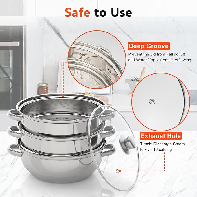 3-Tier Food Steamer Pot for Cooking - 12.8in Stainless Steel Steamer w/Lid Cookware For Vegetable,Dumpling, Crab, Stock