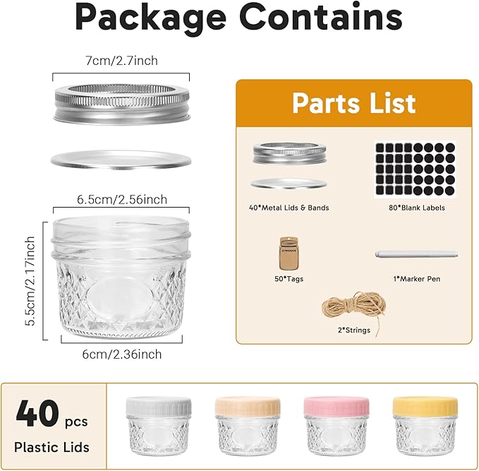 CycleMore 4oz Mason Jars, 40 Pack Small Glass Jar With Silver Separable Lids & Colorful Plastic Lids, Mini Canning Jars for Honey, Jam, Jelly, Wedding Favors, Kitchen Food Storage
