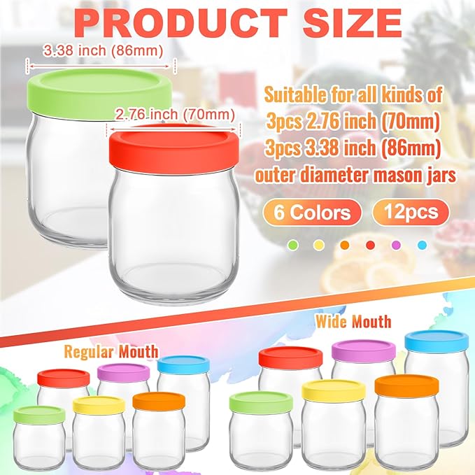 Teenyyou 12 Pcs Mason Jars 6 Wide and 6 Regular Mouth Lids Mason Jar Lids Thickened Leak Proof Lid for 86mm, 70mm Wide and Regular Mouth, Reusable Canning Jar Caps(Red Orange Yellow Green Blue Purple)