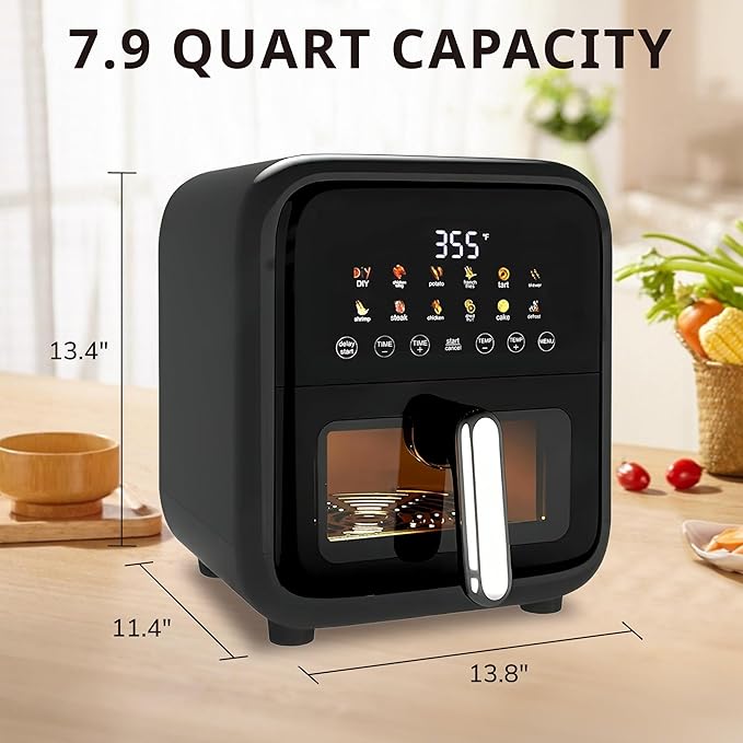 Hexago 12-in-1 Air Fryer, 7.5 QT Air Fryer with Clear Window and Nonstick and Dishwasher-Safe Basket, Square Digital Preset & DIY Function Airfryer, Black